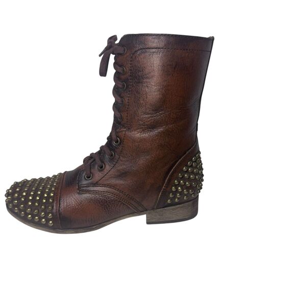 Steve Madden Combat Boots Women 9.5 Brown Leather Studs Spike Tarnney Biker Boot - Picture 7 of 16